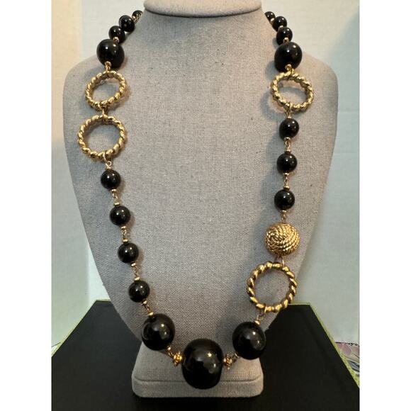 Stylish Necklace with Large Small Black Beads Large Goldtone Chain Links Balls - Picture 3 of 7